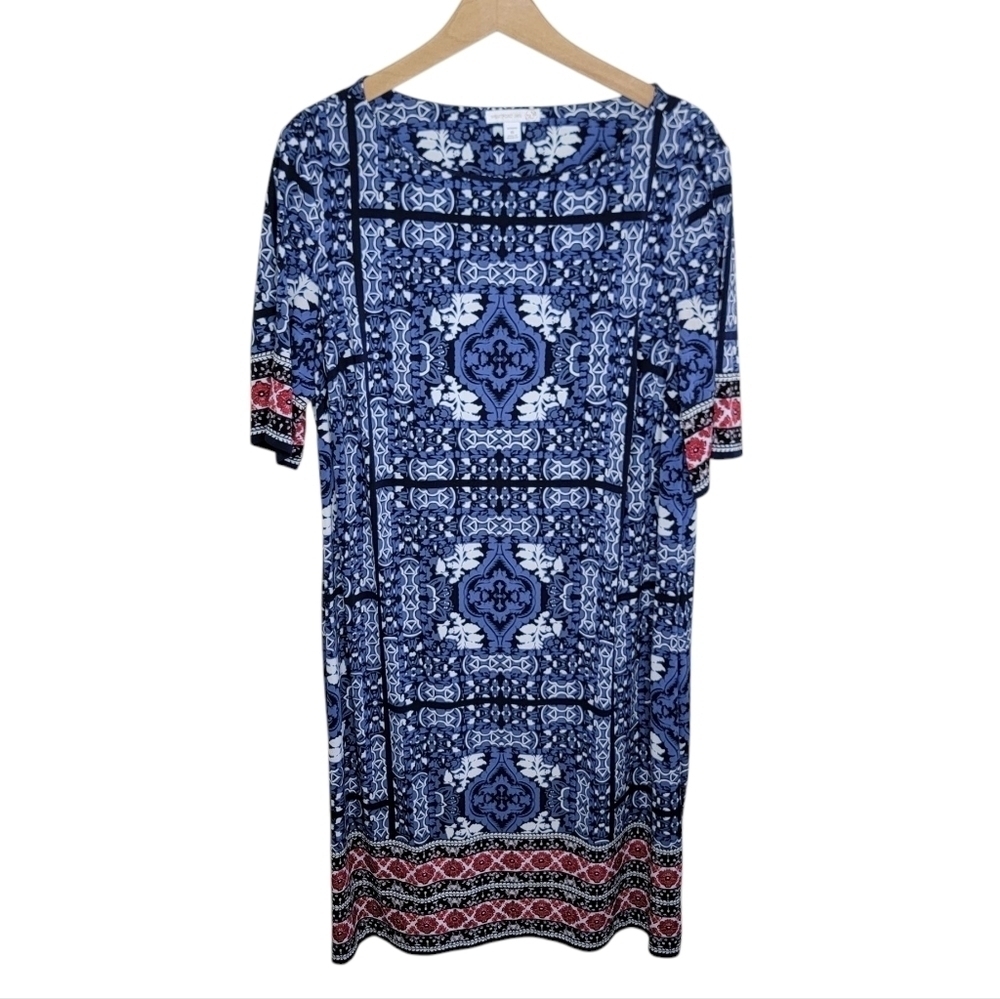 Westport 1962 | Blue White Red Print Short Sleeve Jersey Dress Size 16 Woman